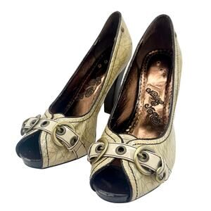 Naughty Monkey Peep Toe Heels Size 10 Cream Leather Upper Buckle Pumps Y2K